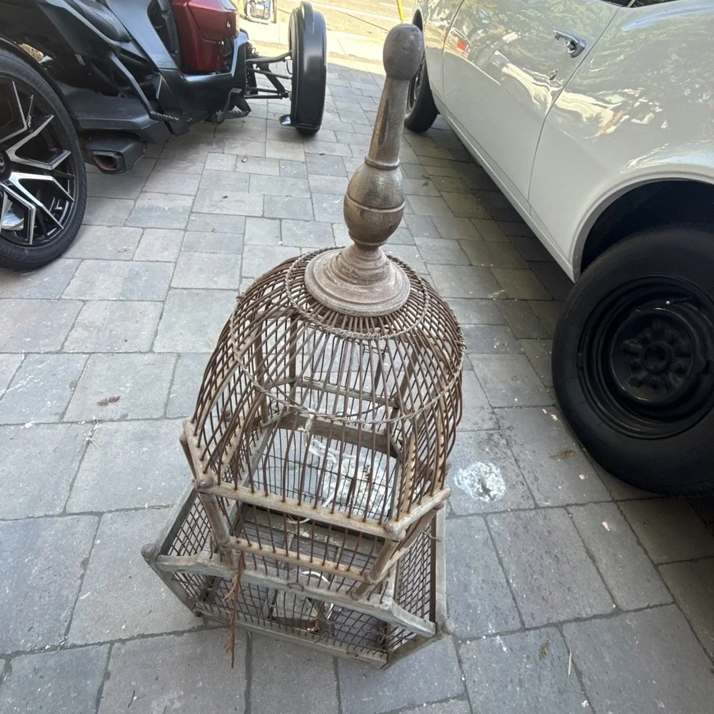 VTG VICTORIAN CATHEDRAL BIRD CAGE WOOD & WIRE MID CENTURY DOME BIRD CAGE 34X14X9